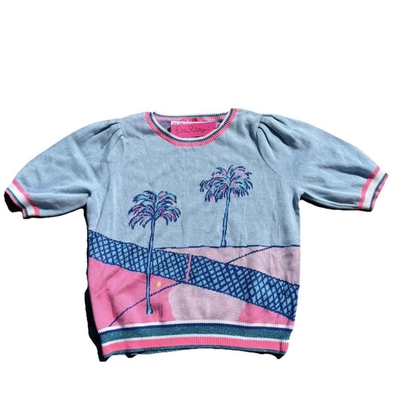 Lilly Pulitzer Vivie Sweater Palm Tree Knit Pullover Blue Pink Women NWT $148 XL - Picture 1 of 14